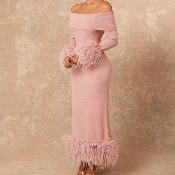 Pink Faux Fur Off Shoulder Bodycon sweater  Maxi dress - Picture 3 of 8